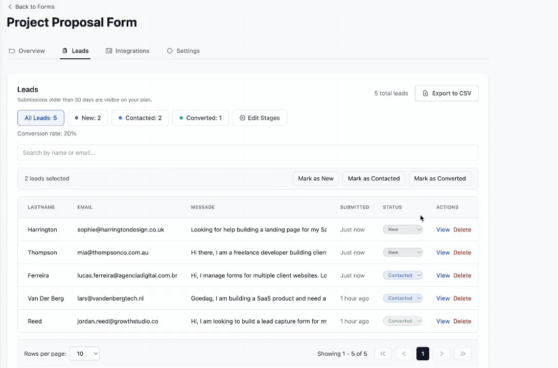 Table booking submission arriving as a tracked lead with email notification